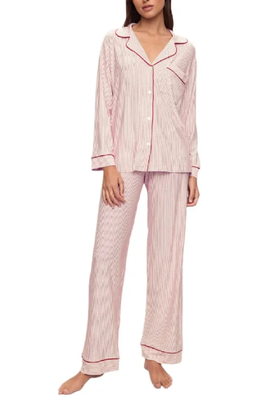 Gisele Printed Long Pj Set In Duo Stripe Haute Red/Haute Red