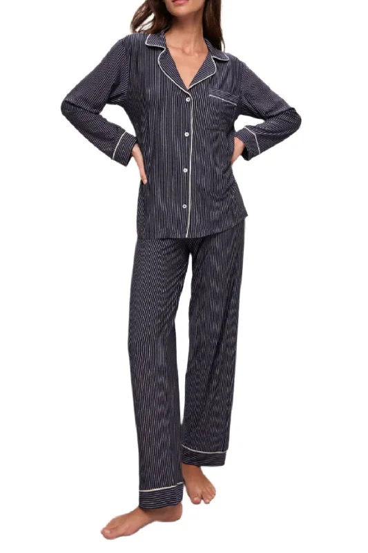 Gisele Printed Long Pj Set In Duo Stripe True Navy/Ivory