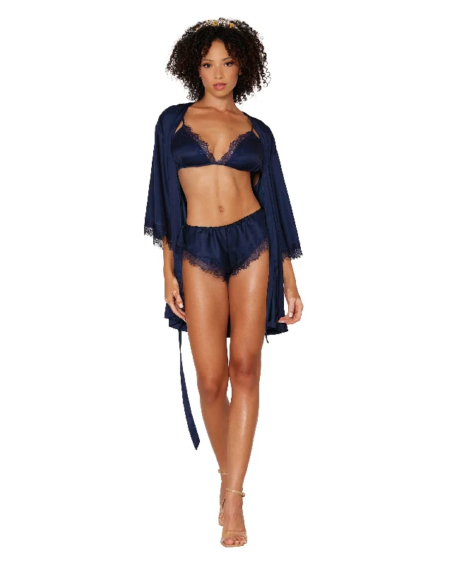 Dreamgirl 3-piece satin robe, bralette, and panty set with eyelash lace trims