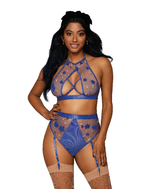 Dreamgirl 3D floral embroidery mesh bralette and garter panty set