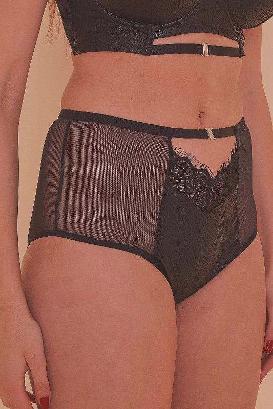 Aerona Black Lace and Leatherette High Waist Brief