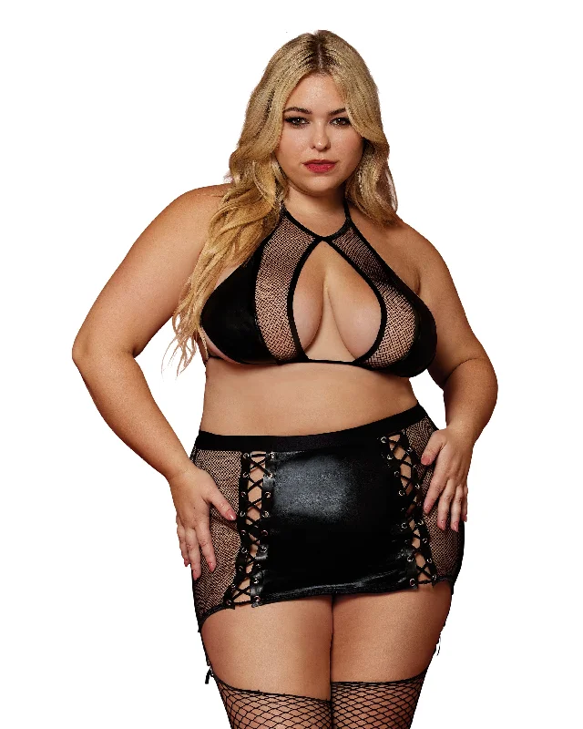 Dreamgirl Fetish Plus Size Faux-Leather and Fishnet Bralette and Garter Skirt Set