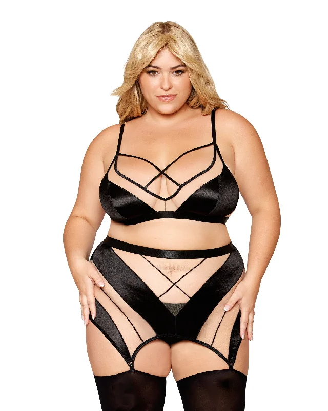 Dreamgirl Plus Size Sheer Panel Bralette, Garter Skirt, and G-String Set