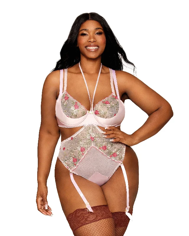 Dreamgirl Plus Size Vintage Rose Embroidery Bra and Open Cup Teddy Set