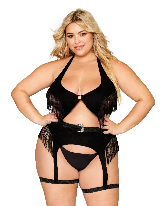 Dreamgirl Plus Size Western-Themed Faux-Leather Bralette and Garter Belt Bedroom Costume Set with Fringe Details