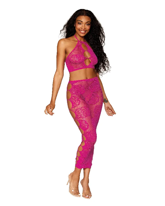 Dreamgirl Seamless Bralette and Long Skirt Set with Knitted Large Rose and Fishnet Pattern