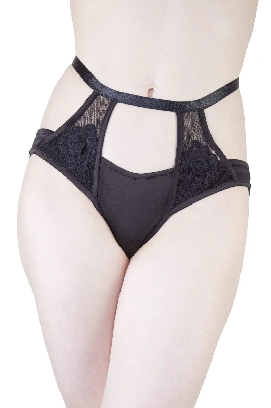 Effie Black Satin and Mesh Applique Brief