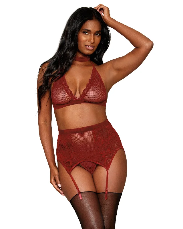 Dreamgirl Fishnet & Lace Velvet Trims Halter Bralette & Garter Belt