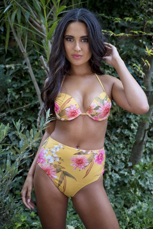 Peek & Beau Mustard Floral Print Push Up Plunge Bikini Top