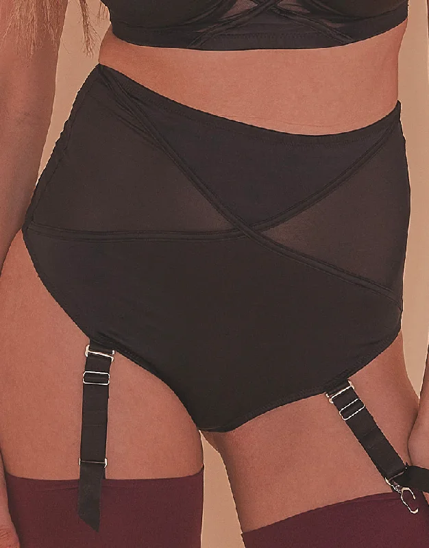 Playful Promises Aurora Satin and Mesh Suspender Brief Black