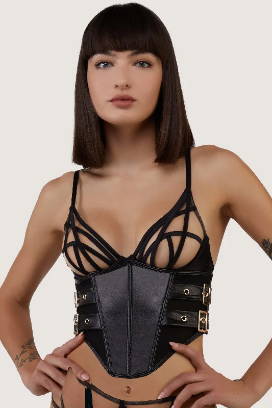 Black Vegan Leather Belted Underbust Corset