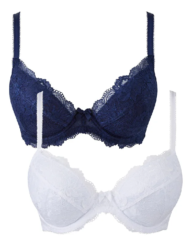 Pretty Secrets Ella Lace Padded Plunge Bra 2 Pack Navy/White