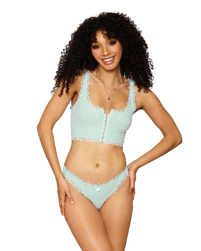 Dreamgirl Rib knit sleepwear bralette and thong set with ruffled lace elastic trims