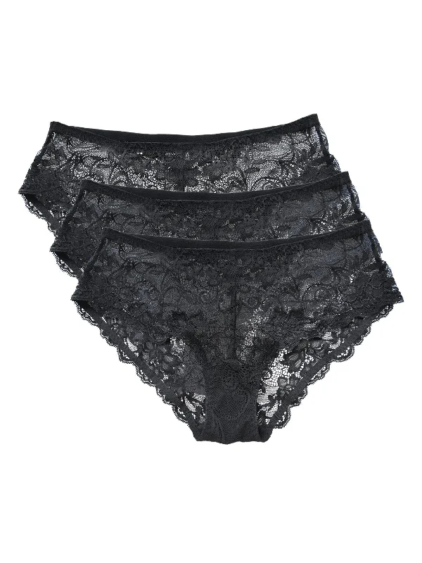 Stretch Sexy Lace Cheeky Hipster Panty 3 PCS Black